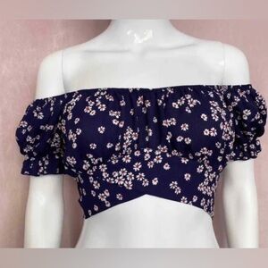 Windsor Floral Blooms Chiffon TieBack Crop Top Navy small